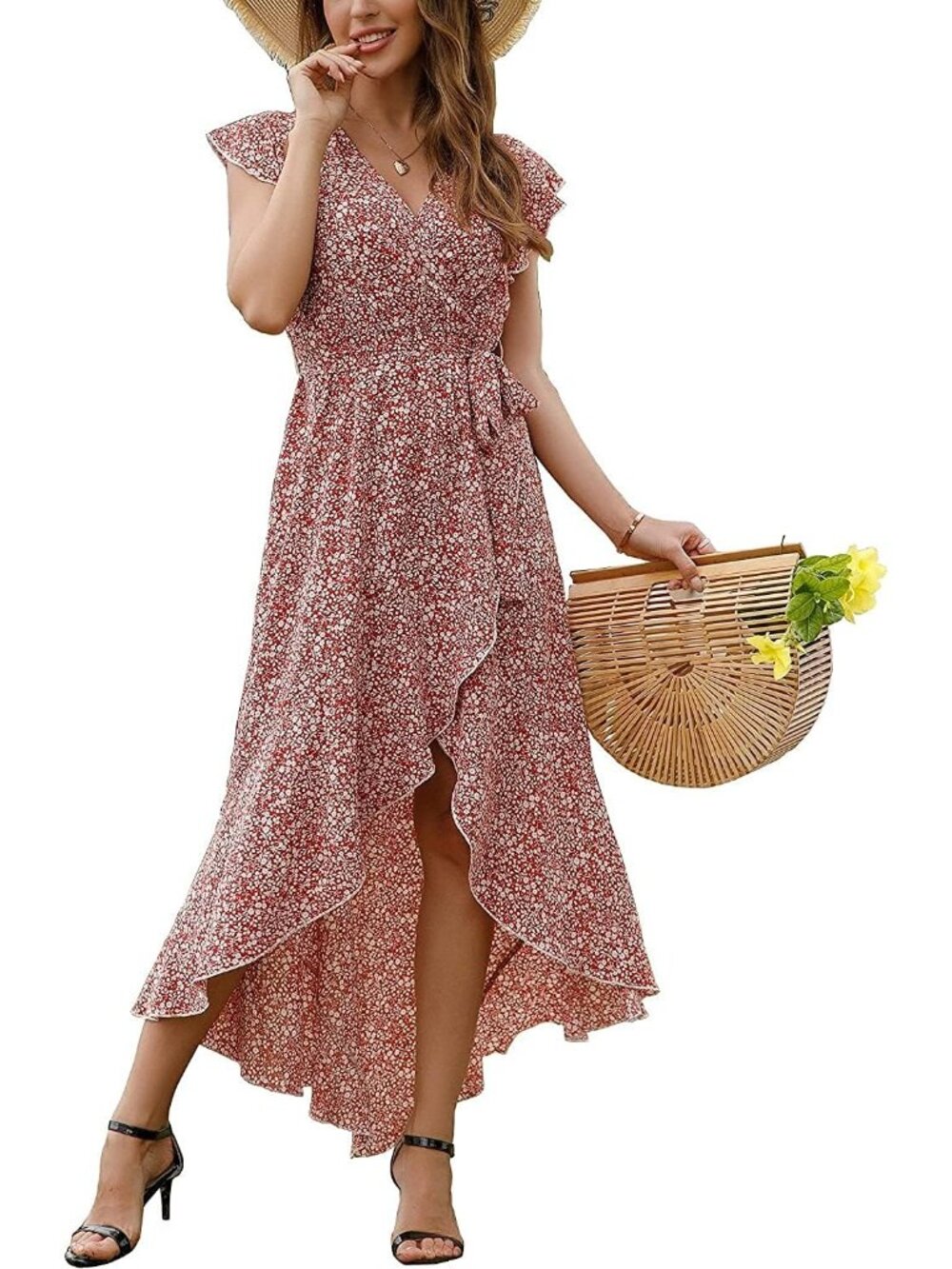 Women's Floret Red Boho Beach Vacation Wrap V Neck Summer Long Maxi Dress